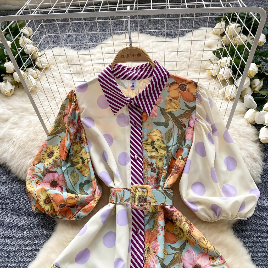 Summer Elegant Midi Patchwork Dress for Women Lapel 3/4 Sleeve Wave Point Breasted Female Design Vestidos New In 2024 Chic