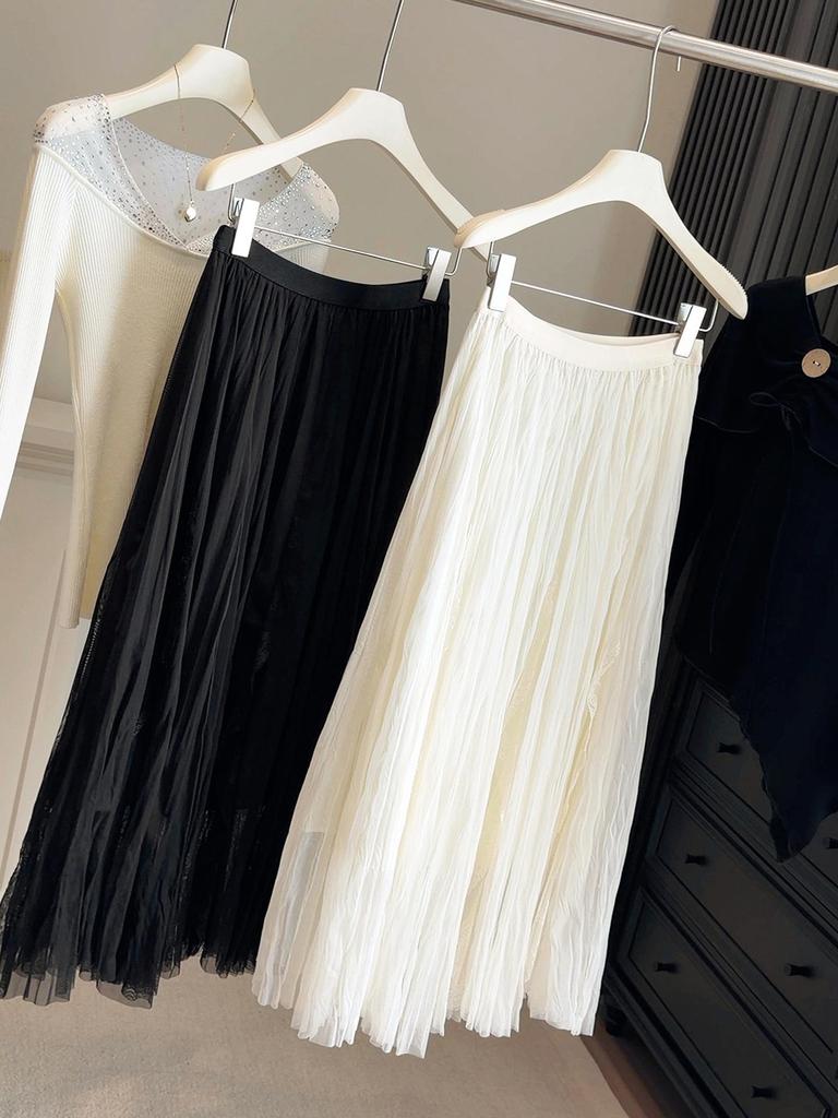 A-line Pleated Mesh Midi Skirt for Women - 2026 Spring/Summer High-waisted, Loose Fit, Large Hem Design.