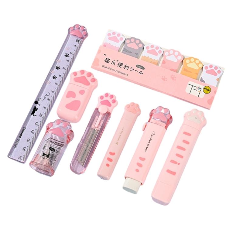 

9 Pcs Learning Gift Box Pencil Case Cats Paws Stationery Set Eraser Correction Tape Ruler Sticky Notes School Supplies рожевий
