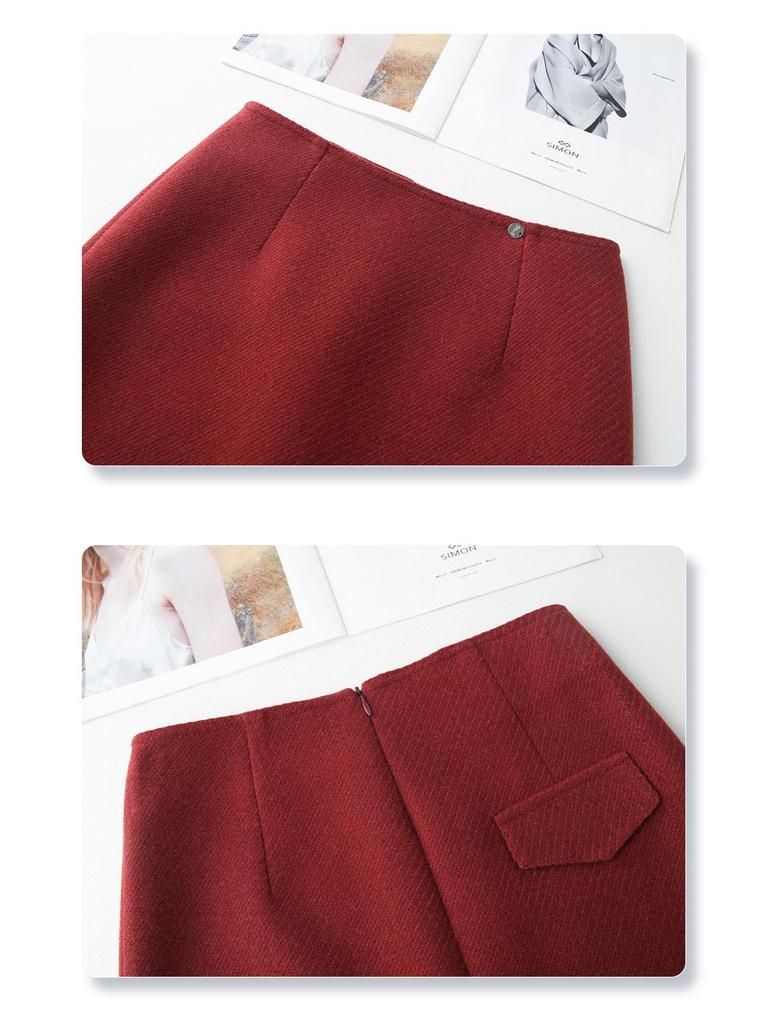 2024 Women's High Waist Red Angora Tweed Bodycon Midi Skirt - New Autumn/Winter Style