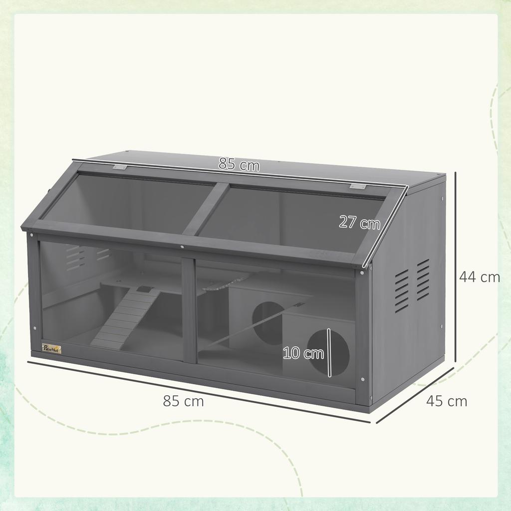 Hamster Cage, Wooden Small Animal Cage for Gerbils, Mice W/ Suspension Bridge, Openable Top, Hut, 85 X 45 X 44cm - Grey