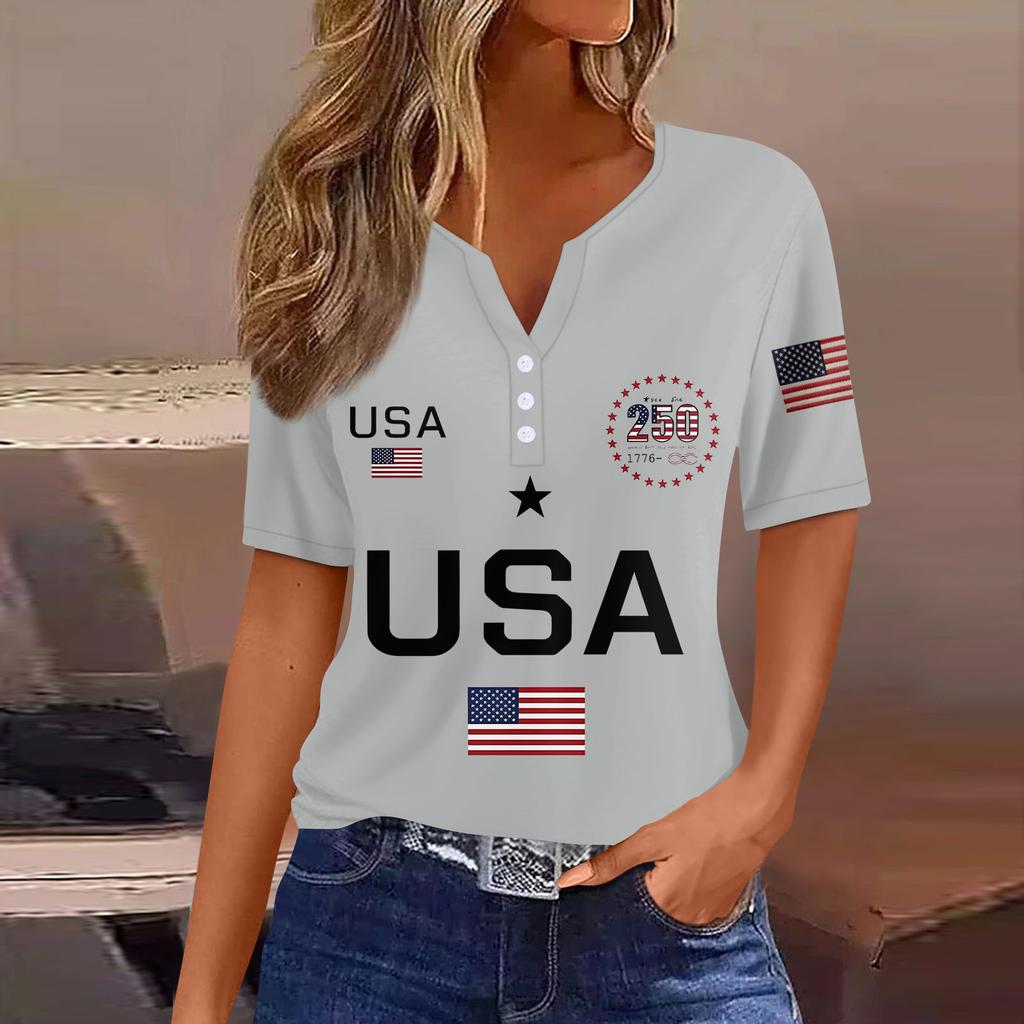 Damen-T-Shirt mit Aufdruck „Unabhängigkeitstag“ und Knopfleiste, kurzärmelig, für den Alltag und das Wochenende, modisch, Basic, V-Ausschnitt, normales Oberteil