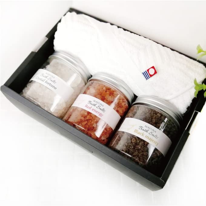 MAYUNA Bath Salt Gift Set with Imabari Towel Birthday Day Present 250g 3 Types Luxury Bath Salt Gift Bath Salts Gift Present Day Thank You Celebration