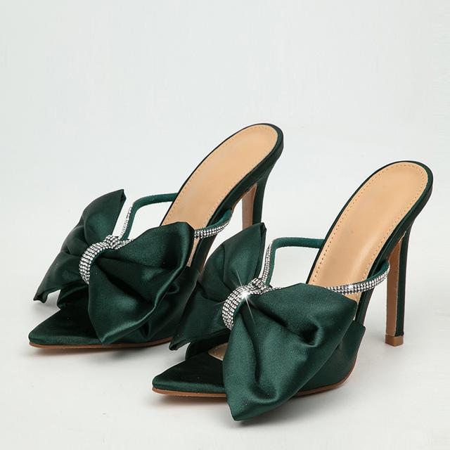 

Новые шелковые вечерние тапочки на высоком каблуке 11,5 см с узлом и бабочкой, сандалии, шлепанцы, туфли со стразами и острым носком, женские шлепанцы 39 зелёный