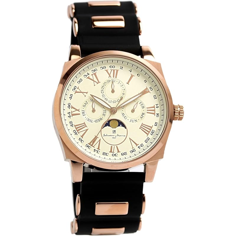 

[Salvatore Mara] watch moon phase multi calendar 5 ATM water resistant business formal men s rubber belt Limited model white pink gold SM22105R-PGWH