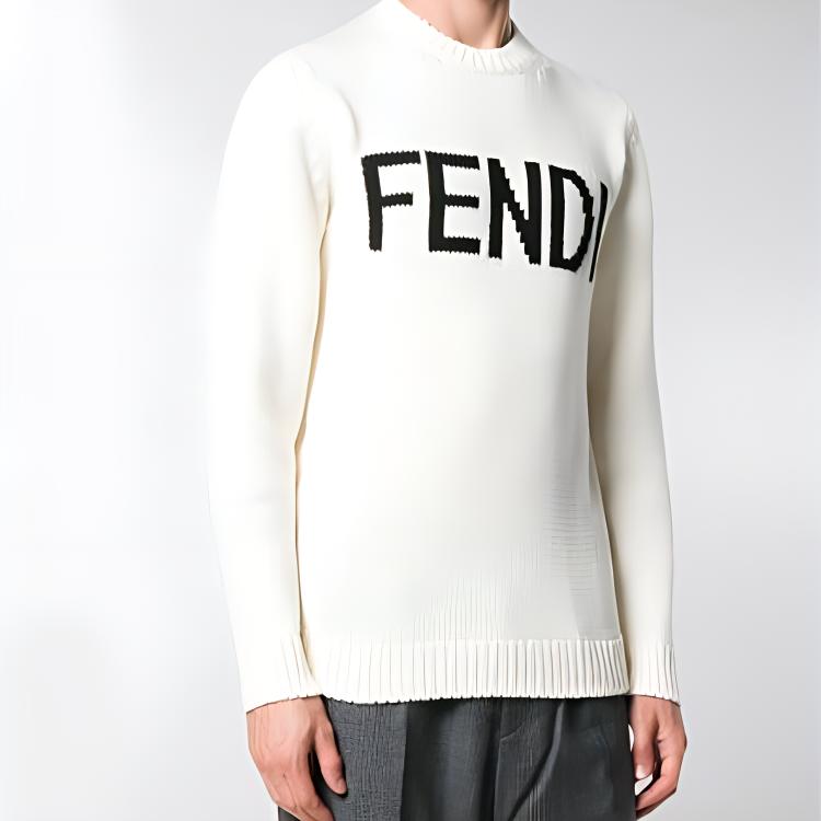 Fendi Sweaters Men's White Crew Neck Moderate Straight Fit FZZ387A3M3F0QA0