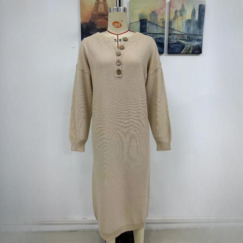IHUASU Podzimní a zimní knoflíkové pletené šaty Módní Temperament Commuter Dámský svetr