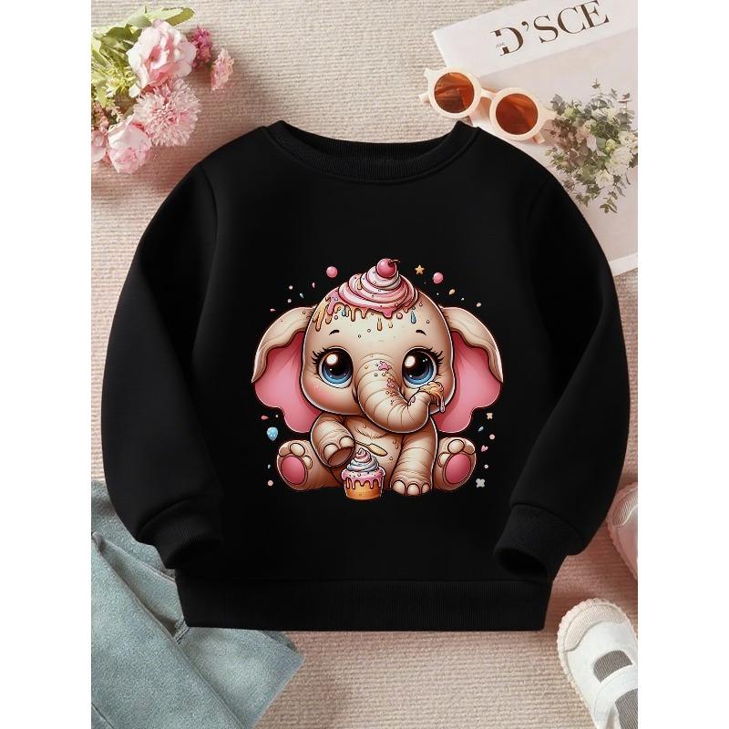 Girls/Boys "Creamy Cutie: A Sweet Elephant Delight" Print Long Sleeve Crewneck Sweatshirt - Soft Casual Pullover Top