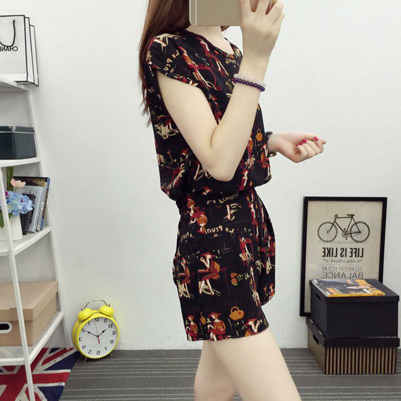 Women Summer Loose Simple Round Neck Cartoon Print Short-sleeved Tops+Shorts Two-Piece