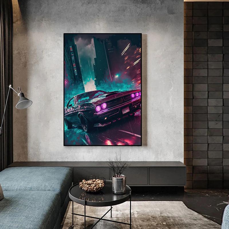 Modern Cars Vintage Sport Neon Car Gold Night Painting and Prints Canvas Poster Wall Art Pictures for Living Room Decor Cuadros