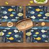 4pcs Linen Placemats Set, Underwater World Fish Design 12x18 Inches, Perfect for Kitchen & Dining Room Decor, Family Gatherings, Parties, and Home