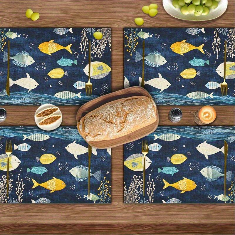 4pcs Linen Placemats Set, Underwater World Fish Design 12x18 Inches, Perfect for Kitchen & Dining Room Decor, Family Gatherings, Parties, and Home