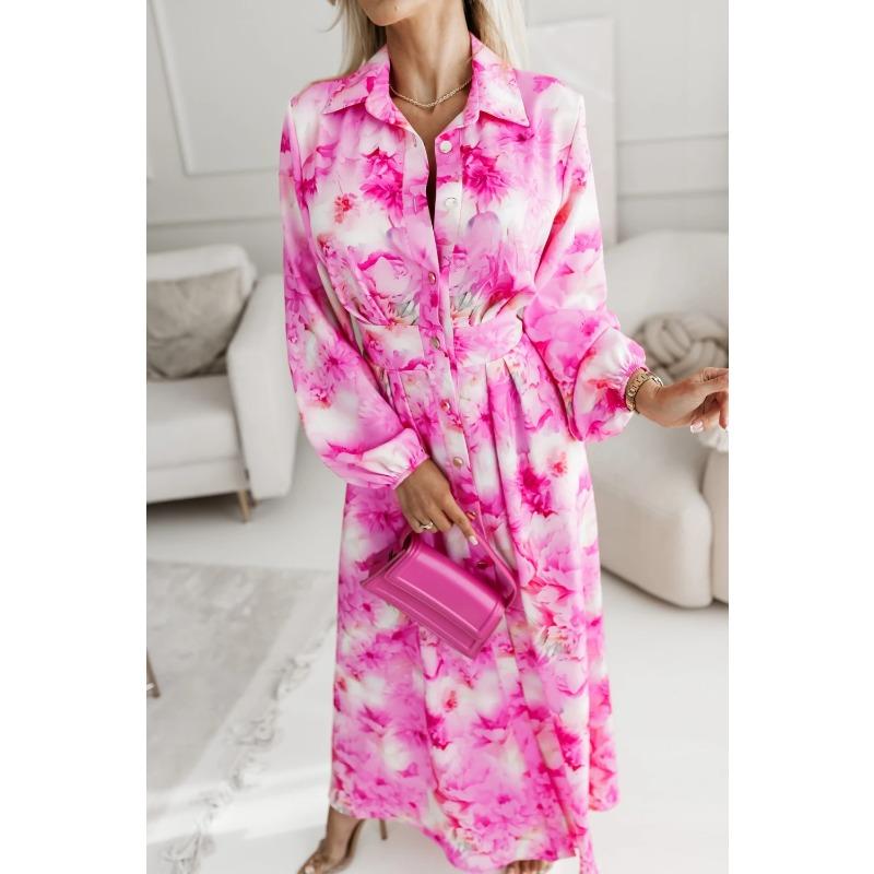 Elegant Women's Long Sleeve Floral Print Shirt Collar Midi Dress, Autumn Party Loose Belted Dress Casual Fashion with Lantern Sleeve Button Clothing