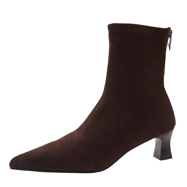 Women's Boots Temperament Pointed Ankle Boots High Quality Suede Leather Short Boots for Women Elastic Slim Fit Boot Botas Mujer