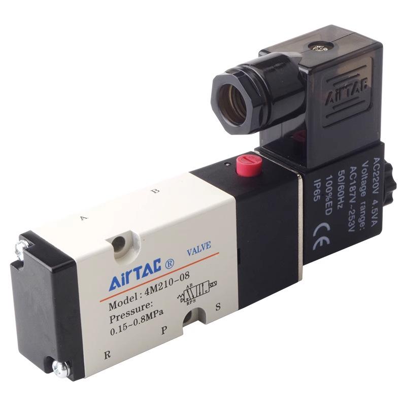 Airtac 4M210-08 Pneumatic Solenoid Valve, 220V/24V, Two-Position, Five-Way.