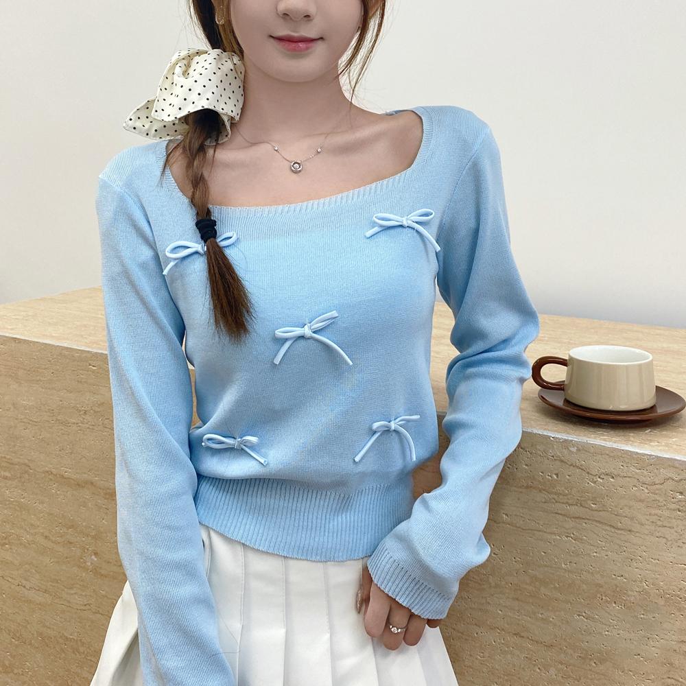 

весна осень трикотаж сладкий бант топы женские пуловеры свитера мода длинный рукав квадратный воротник повседневный однотонный y2k вязаный свитер One Size