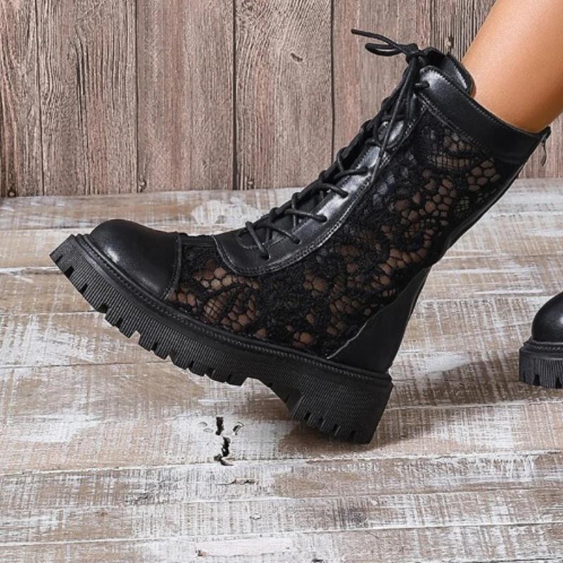 Móda 2024 Léto Vysoká Kvalita Dámské Boty Módní Kulatá Špička Jednobarevné Dírkované Prodyšné Střední Podpatek Šněrovací Krátké Dámské Boty