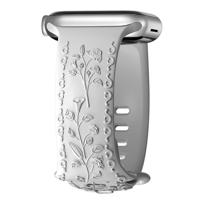 Engraved Strap For Apple Watch Band 42mm 44mm 45mm 41mm 40mm 49mm Silicone Floral Bracelet Correa Series 8 9 7 SE 4 5 6 Ultra 2
