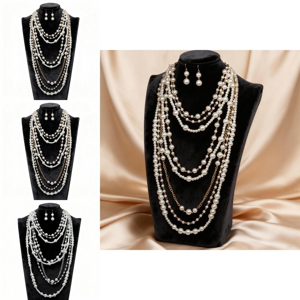 European Style Multilayer Pearl Necklace And Earring Set With Geometric Pendant For Women