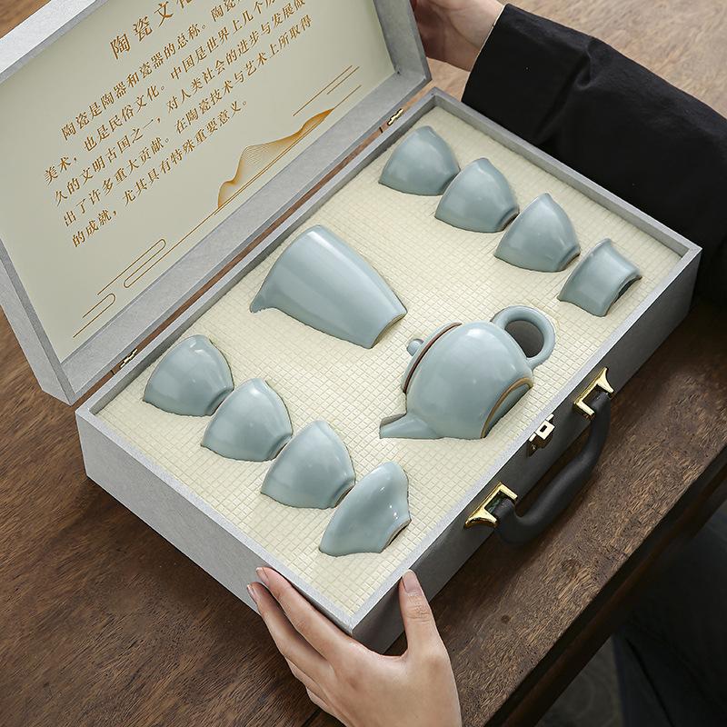 Ru kiln tea set, a full set of household kung fu tea set can be raised, opening film, annual meeting, festivals, business gifts