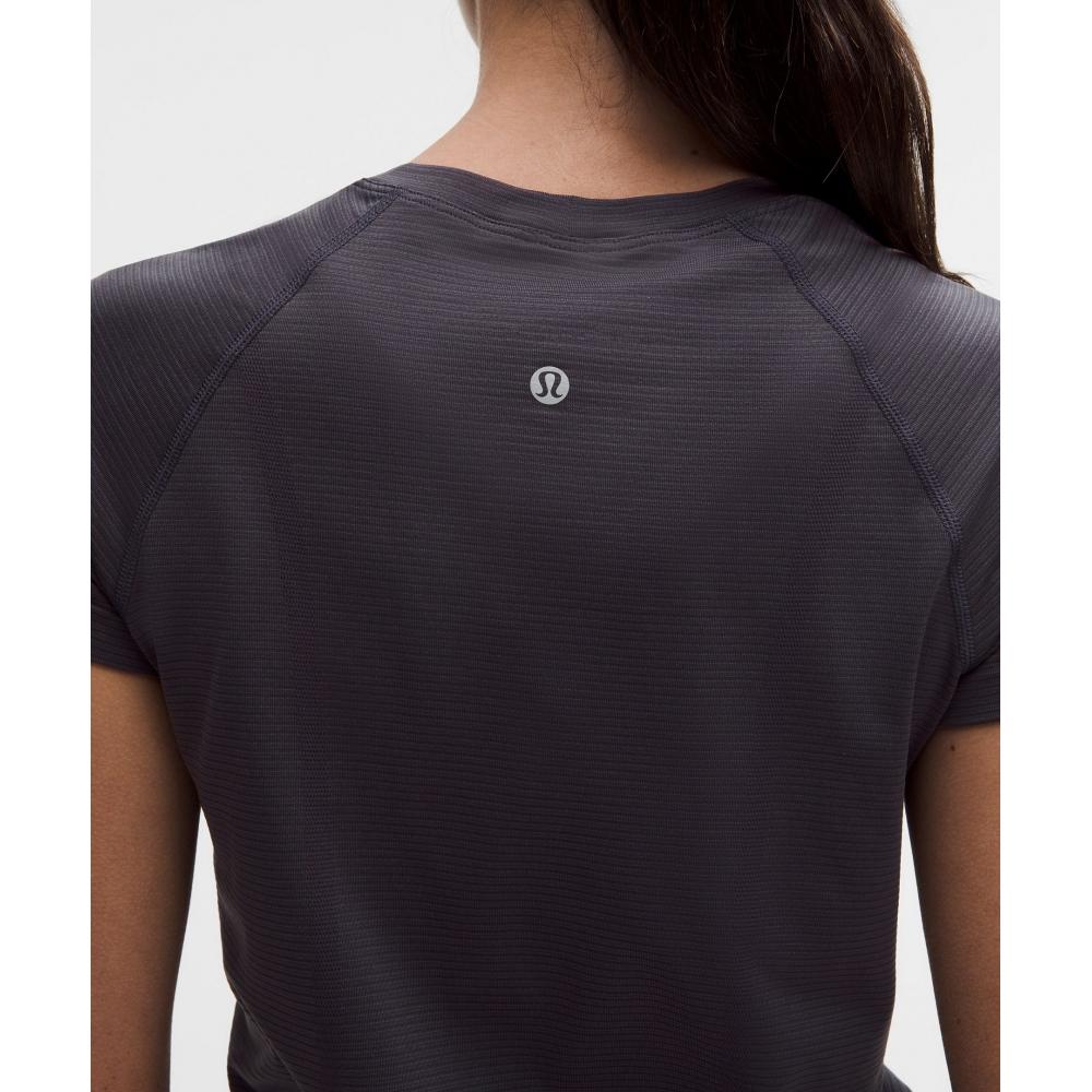 Lululemon Swiftly Tech Short Sleeve Shirt 2.0  Hip Length Spandex Stripe Atmospheric Purple Coal