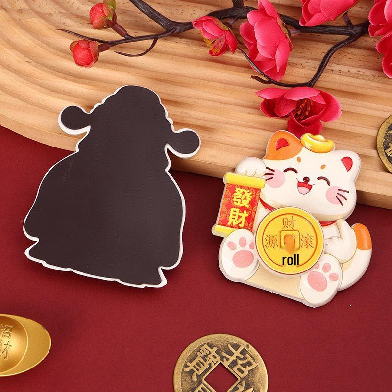 Festive Lucky Cat & God of Wealth Refrigerator Magnets - Perfect New Year Decorations Gift