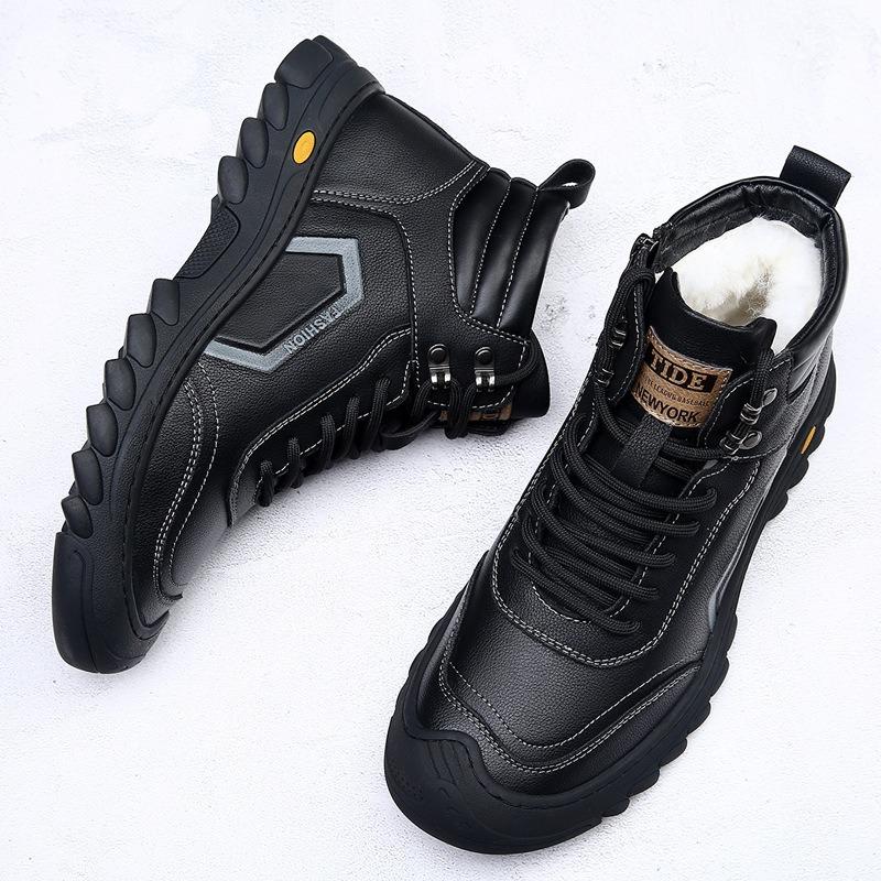 Fashion Winter Cowhide Velvet Warm Platform Boots for Men Fashion Soft-soled Increase Men's Shoes Designer Casual Wool Ankle Boots Male