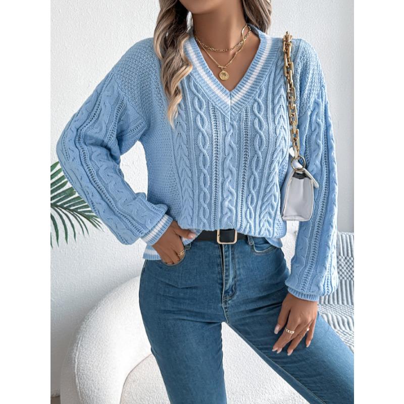 Autumn and Winter V-neck Twist Lantern Long Sleeved Pullover Sweater Women Loose Stripe Tops Ladies Fashion Elegant Casual Office Women's Clothing