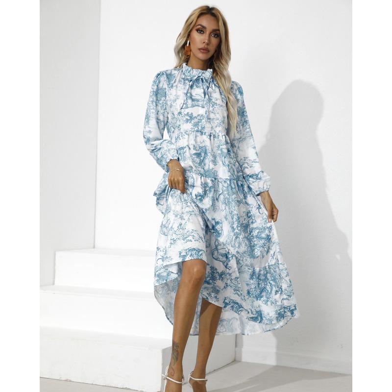 Women's Crew Neck Printed Loose Nine-Sleeve Dress