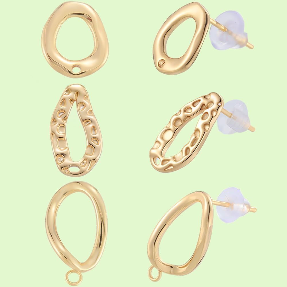 Beebeecraft 18Pcs 3 Styles Gold Circle Earring Post Blank Earring Studs with Backs Loop Hollow Round Real 18K Gold Plated Brass Dangle Ear Findings