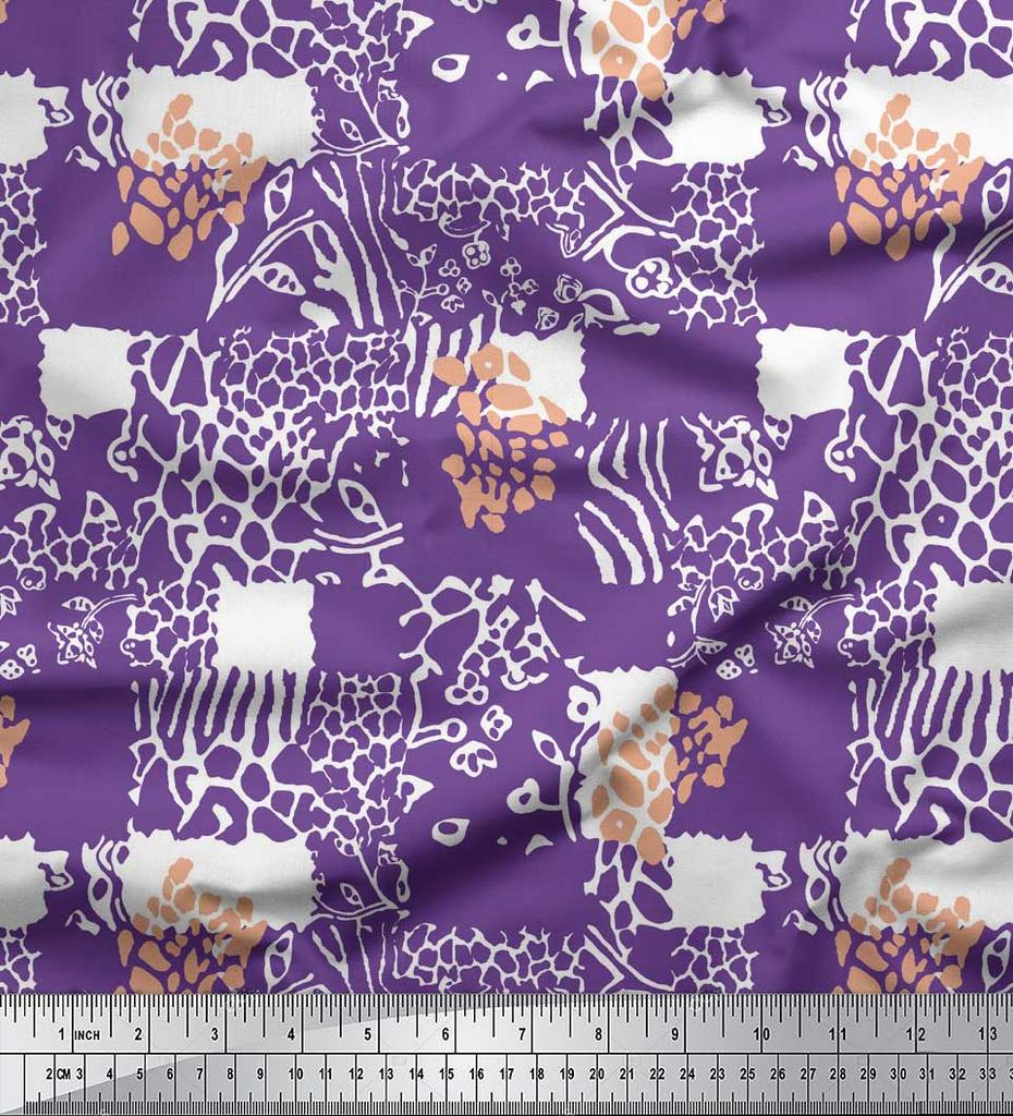 Soimoi Purple Japan Crepe Satin Fabric Brush Stroke & Leopard Animal Skin Printed Fabric 1 Metre 42 Inch