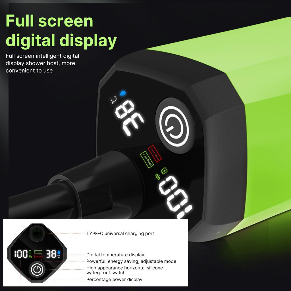 Przenośny Prysznic Elektryczny Prysznic Kempingowy z Pełnym Cyfrowym Wyświetlaczem Temperatury Pozostałego Akumulatora 2 Mo