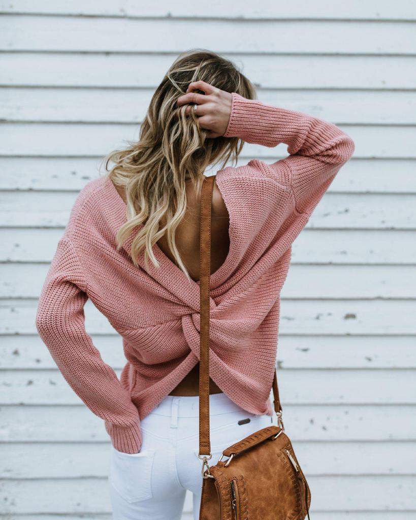 Women's 2018 Autumn Winter Knitwear: Round Neck Backless Cross Sweater for Office Commuting