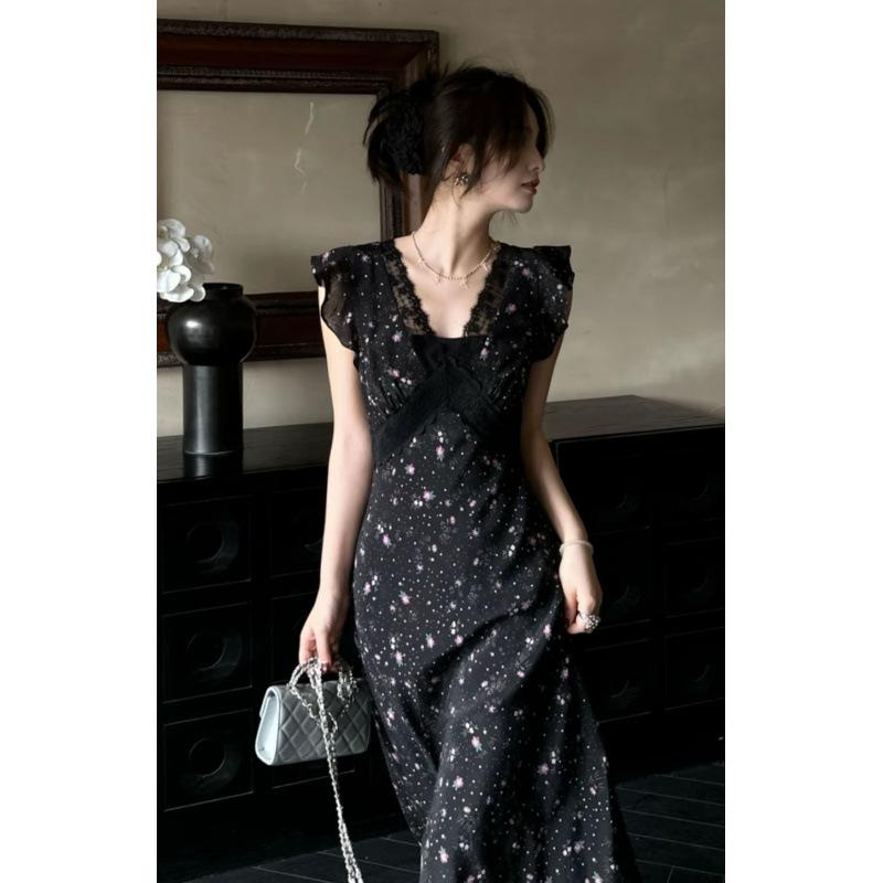 New Luo Zhiyin Lace Splicing Waist Flower Dress Long Floral Skirt