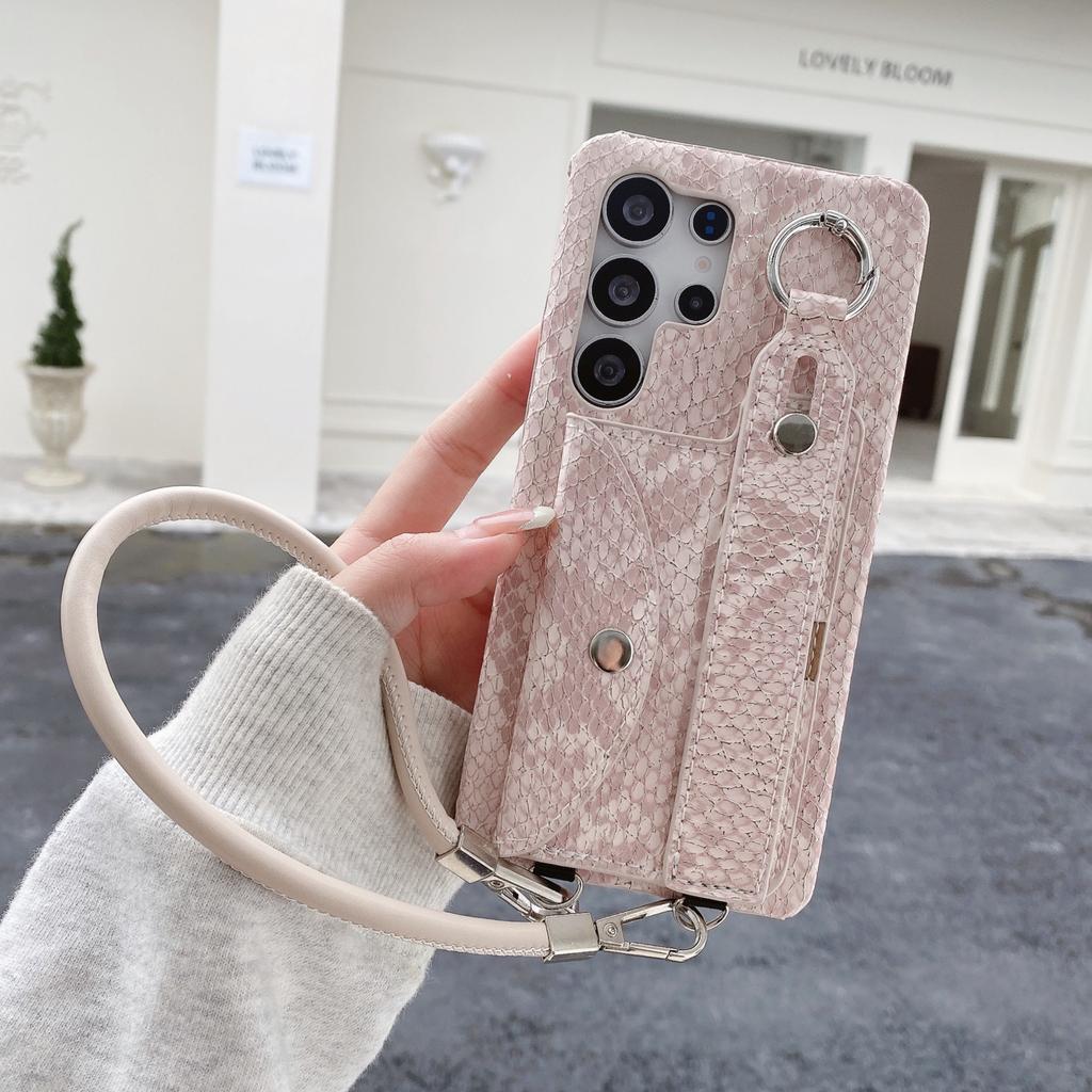 Für Samsung Galaxy S24 Ultra Hülle Kartenhalter Armband Lackierte Schlangentextur PU + PC Rückseite mit Lanyard