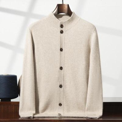Męski sweter rozpinany z kaszmiru w stylu business casual - Grubo dziergany z wełny z wysokim kołnierzem na jesień i zimę