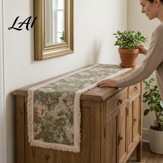 Farmhouse Style Table Cover Floral Jacquard Runner Boho Fringed Retro Vintage Runners for Dining Table Home Party Decor Autumn Decorations
