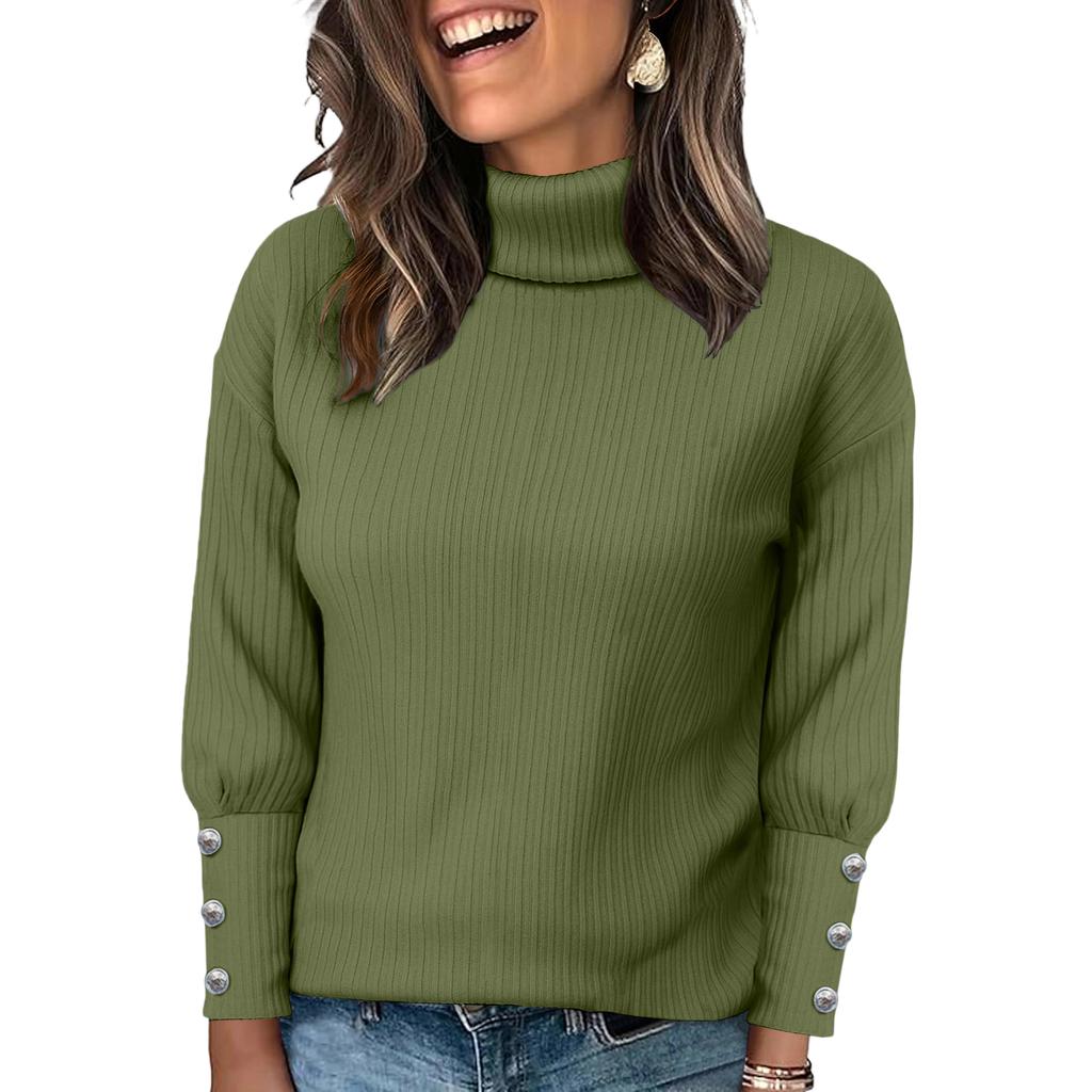 Women's Knitted Solid Color Long Sleeved High Neck Pullover Top