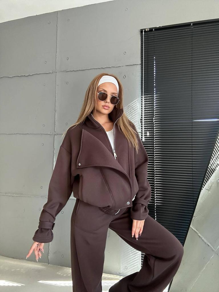 1116 European and American autumn and winter women's clothing trend fashion casual solid color breasted zipper jacket straight trousers set