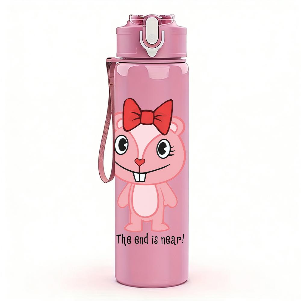 1PC Pink Pig Cartoon Figure Print 750ml Colorful Plastic Sports Water Bottle Leakproof Pop Lid with Straw for Outdoor Office Home Use
