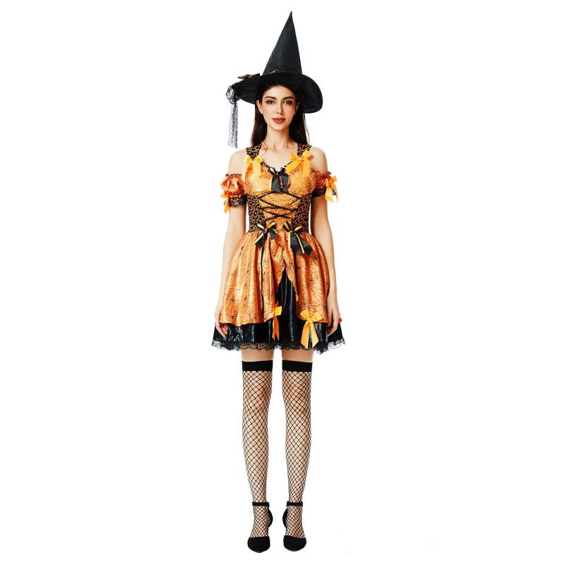 Witch Costume Women Halloween Cosplay Dress Set Sexy Gothic Party Outfit Pumpkin Theme Role Play