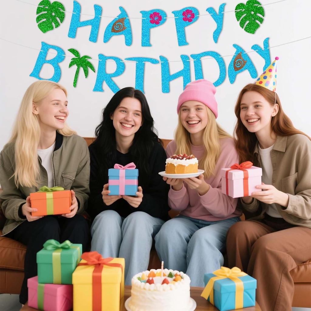 Happy Birthday Banner-Glitter Moana Birthday Decorations,Moana Party Decor for Moana Theme Decorations,Hawaiian Party Decorations Baby Shower Decor