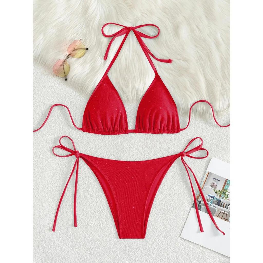 Glitter Sparkling Halter High Leg Cut Bikini Female Swimsuit Women Swimwear Two-pieces Bikini Set Bather Bathing Suit Swim