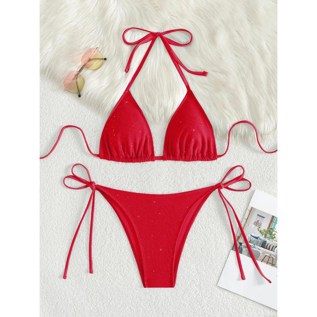 

Glitter Sparkling Halter High Leg Cut Bikini Female Swimsuit Women Swimwear Two-pieces Bikini set Bather Bathing Suit Swim L червоний