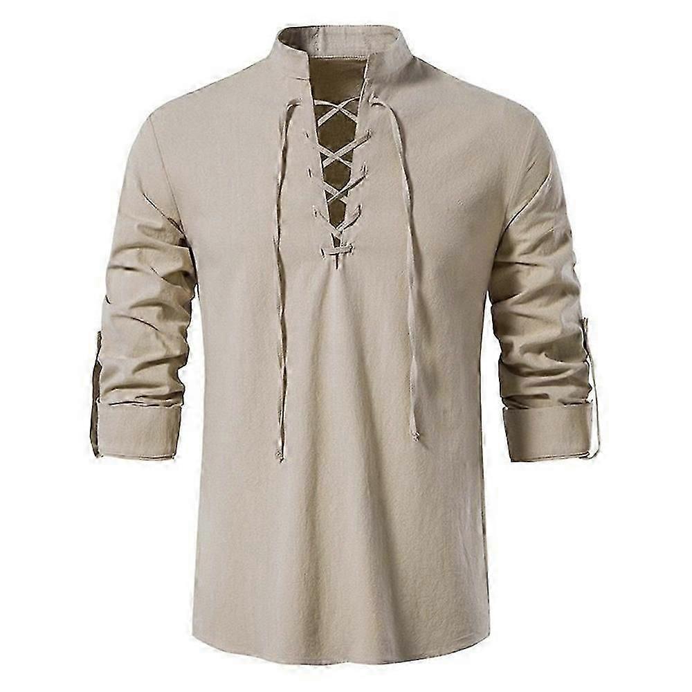 Men's Retro Style Long Sleeve Shirts Lace Up Neck Tops Renaissance, Viking Pirate, Hippie Blouse