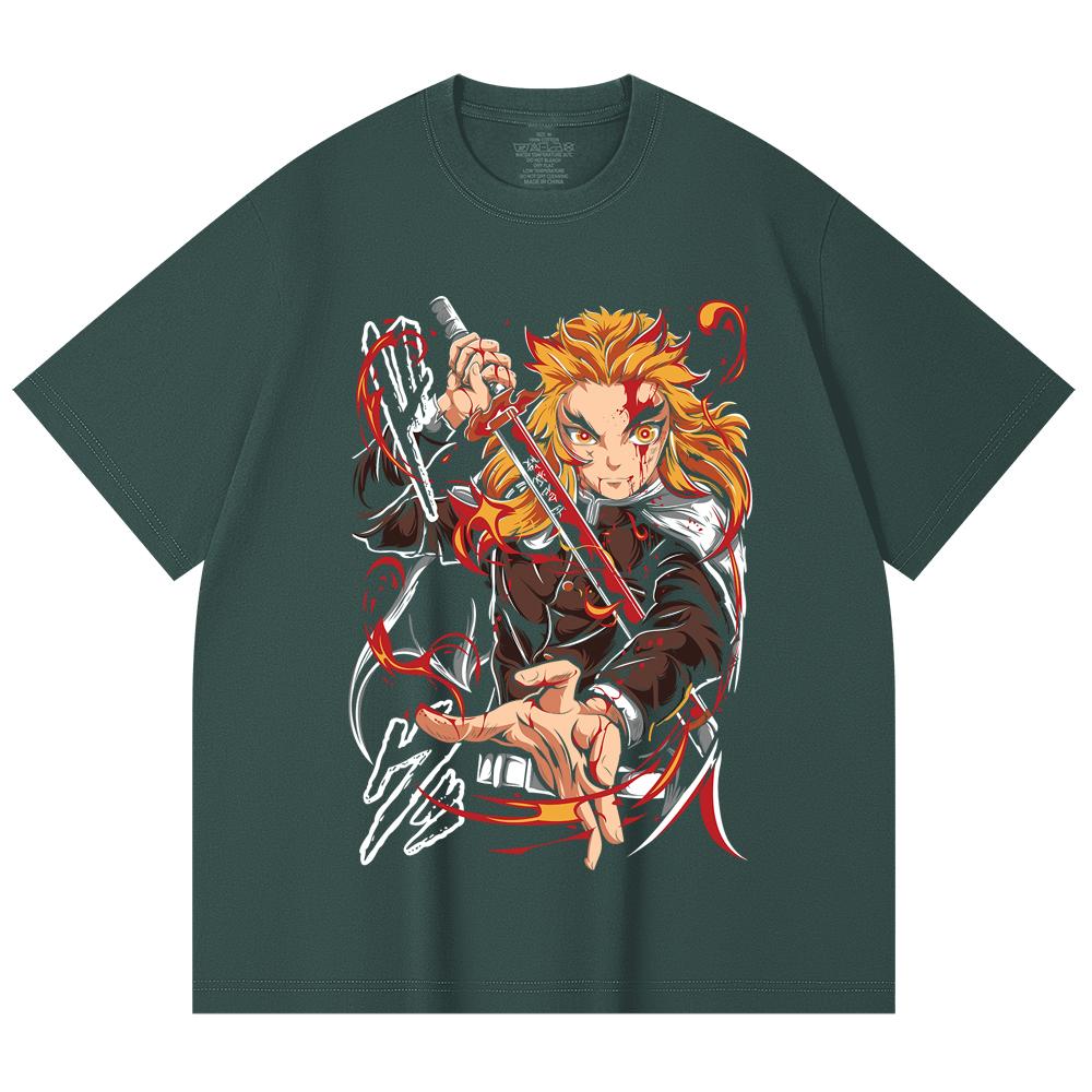 230 Gsm 100% Cotton Demon Slayer V85 Rengoku Print Unisex Heavy Cotton T Shirt