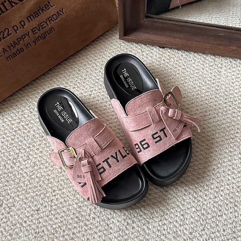 Internet celebrities with the same 2025 spring and summer trend explosion half drag versatile one pedal tassel casual lazy fish mouth slippers