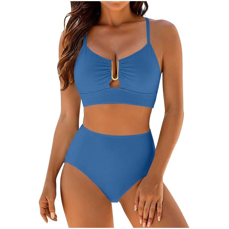 Women's Pink Metal Accent High-Waist Two-Piece Bikini Swimsuit