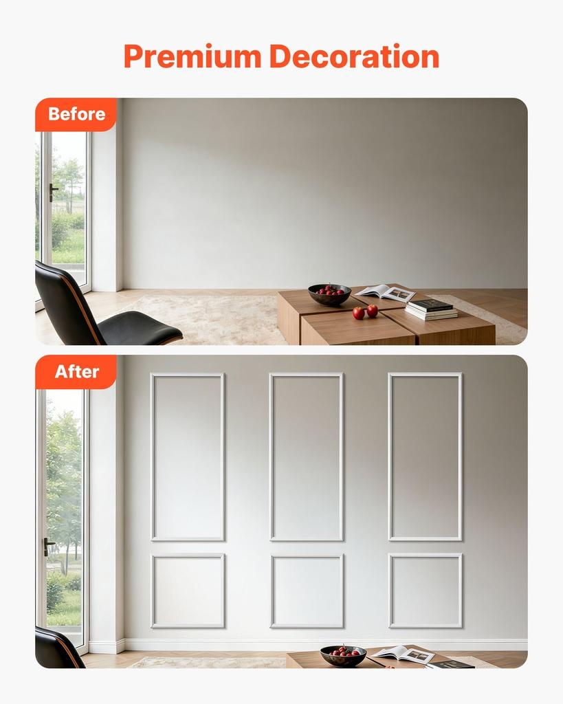 Wall Molding 3 Pack, Wainscoting Panels Kit, Lightweight Paintable Polystyrene, Easy To Install, Waterproof Accent Wide Profile Trim for Interior