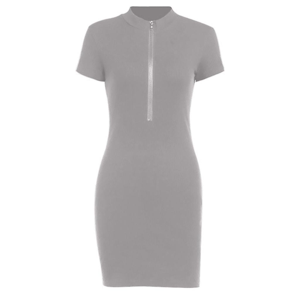 Women Fashion Summer Sexy Solid Color Zipper V-Neck Short Sleeve Mini Dress Summer Dress